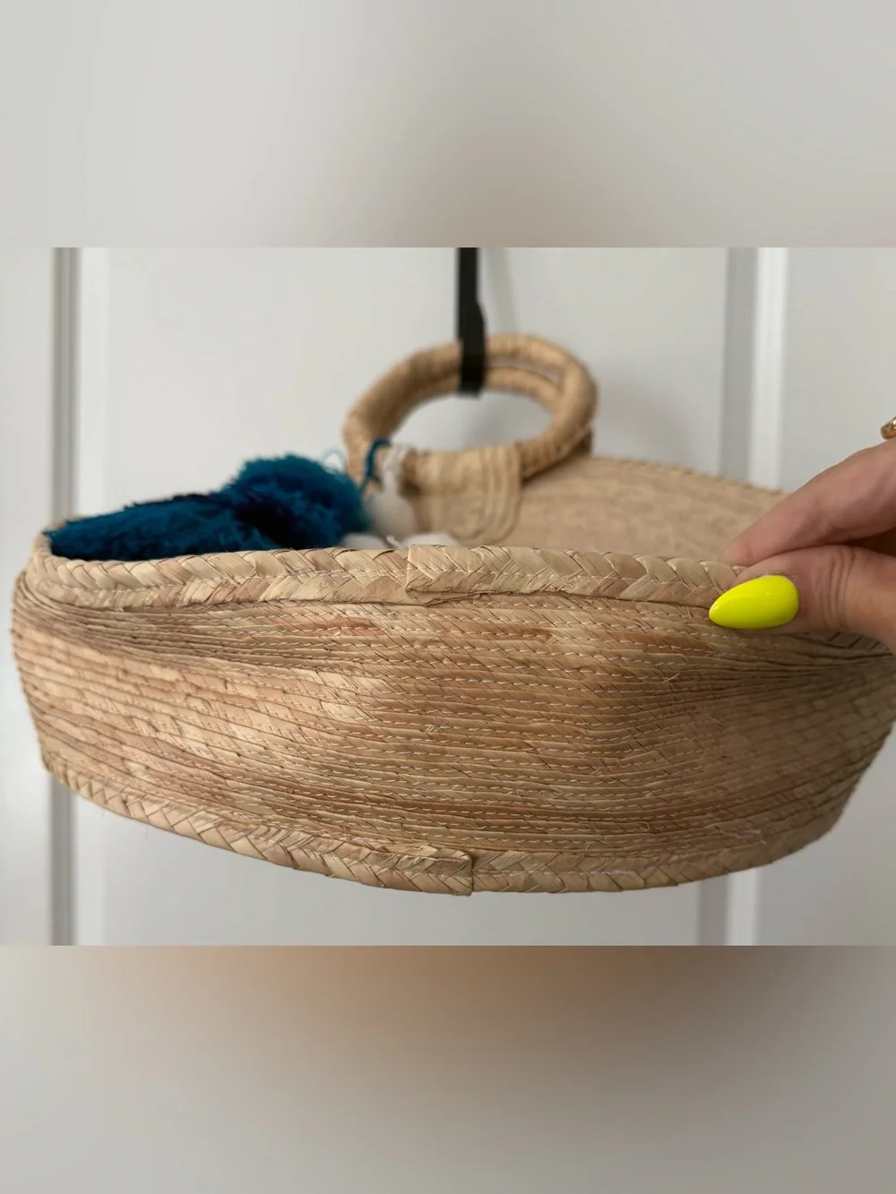 Round Straw Bag with Blue & White Tassels